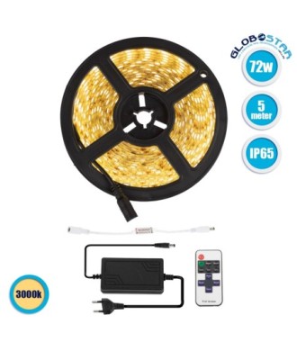 GloboStar® 70412 Σετ Ταινία LED 5m 72W-5m 12V 60LED-m 5050 SMD 1497lm-m 120° Αδιάβροχη IP65 με Ασύρματο Χειριστήριο RF 2.4Ghz και Τροφοδοτικό Θερμό Λευκό 3000K Dimmable